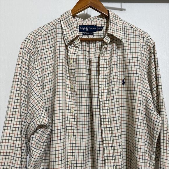 Vintage Ralph Lauren Shirt Mens XL 17.5 Cream Plaid Long Sleeve Button Down - Picture 2 of 8